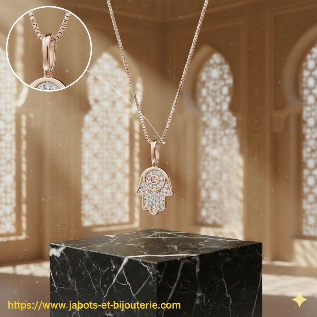 Collier "Hamsa Œil Diamant métal Rose"