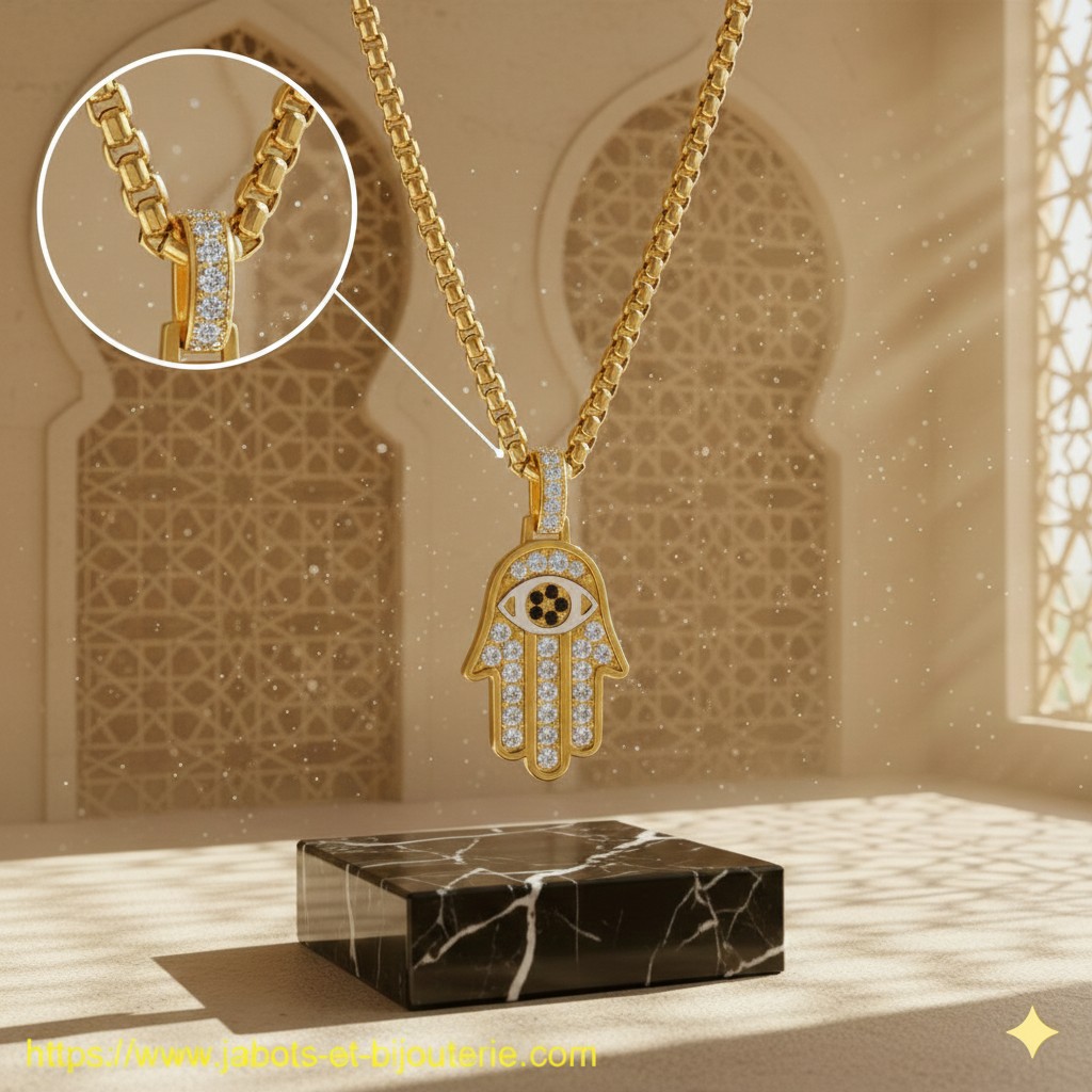 Collier "Hamsa Œil Noir et Diamants métal Jaune"