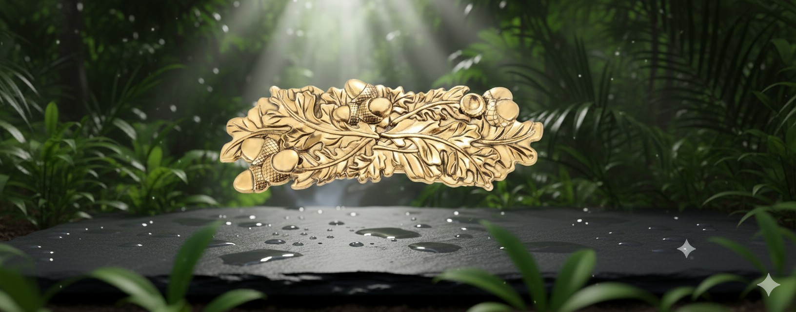 Barrette dorée "Feuilles de chêne et glands"